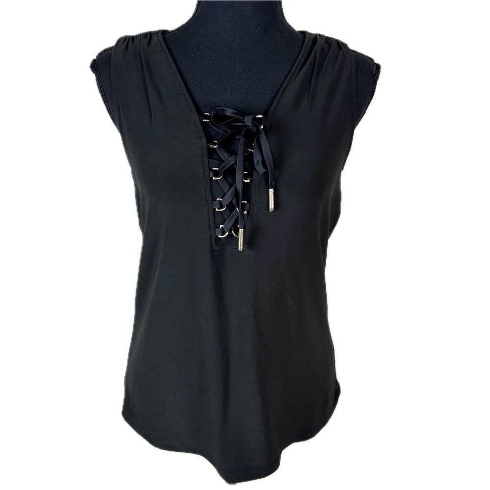 White House Black Market Black Lace Up V-Neck Sleeveless Top XS Gold Hardware